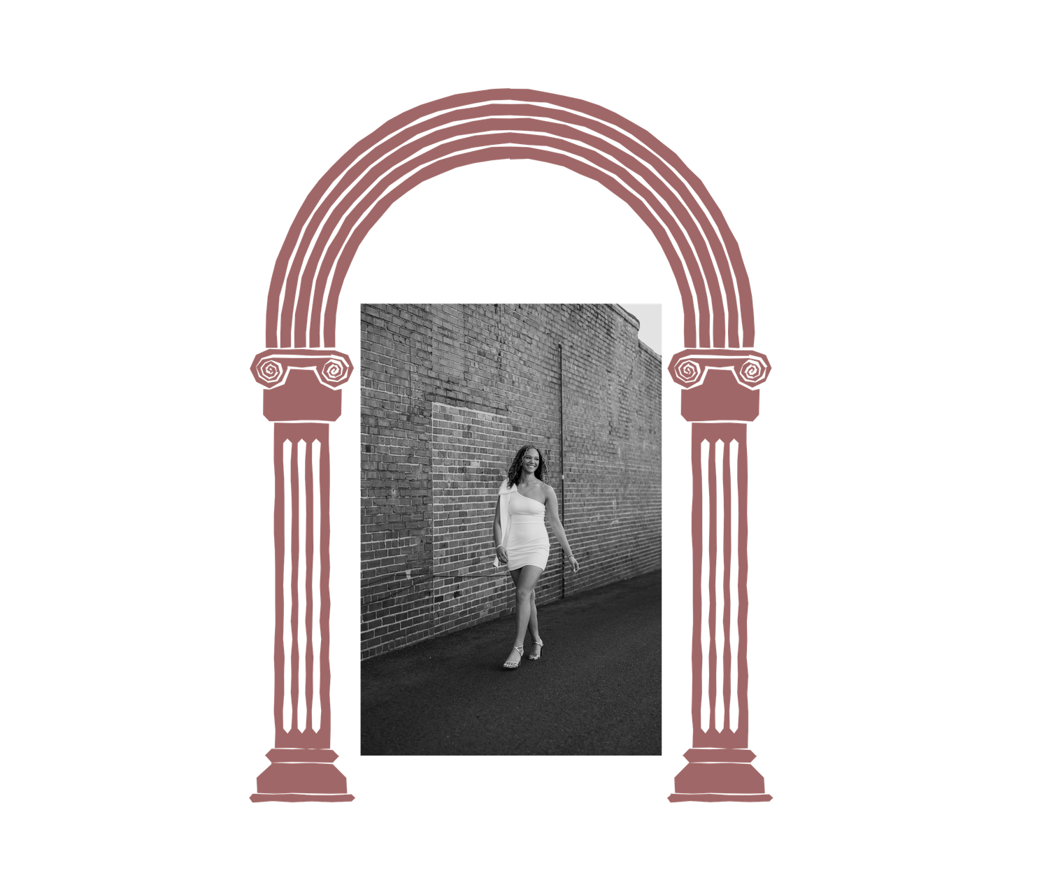 Black and white photo framed by a pink architectural arch with columns.