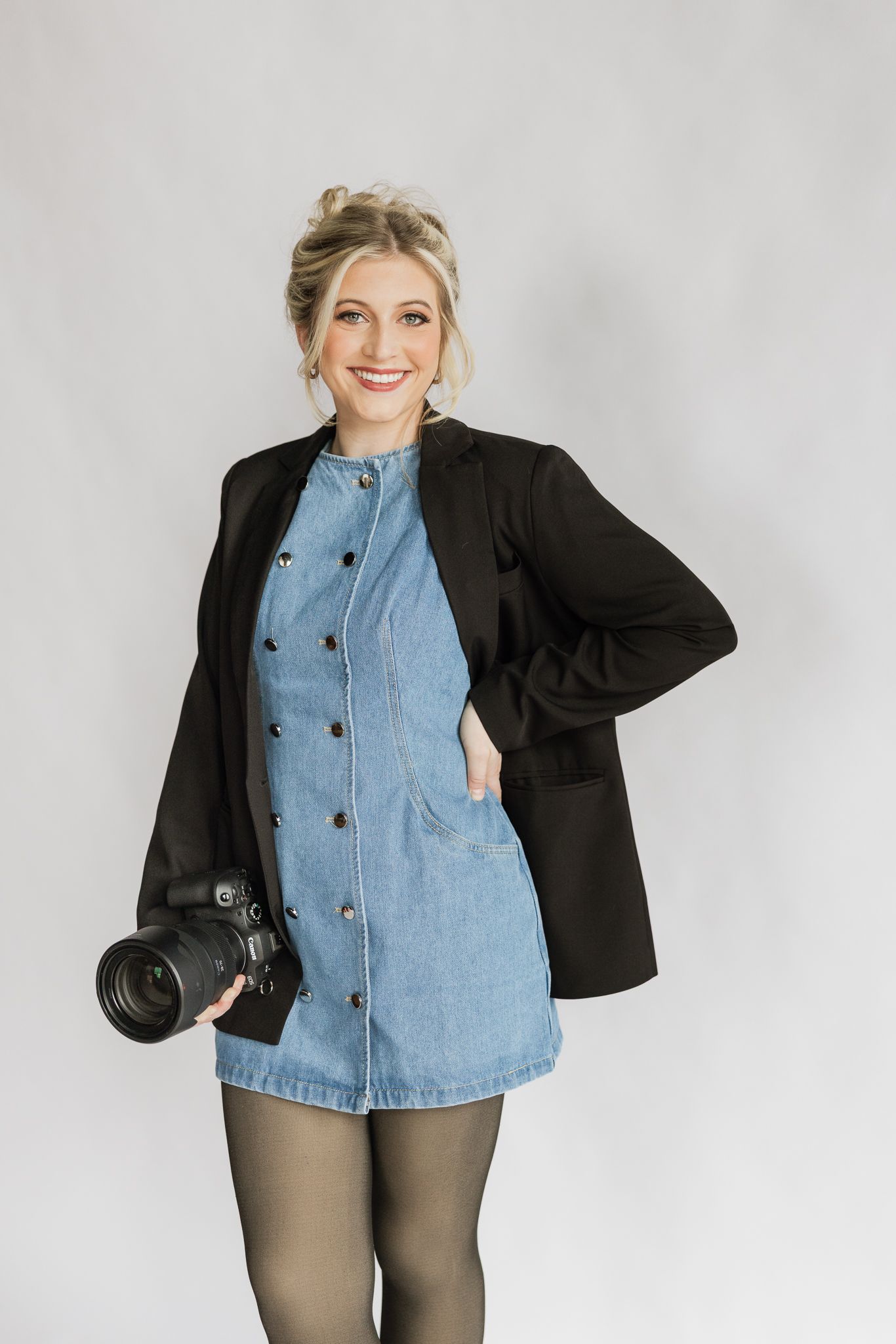 Professional photography series showcasing casual denim and blazer outfit combinations.