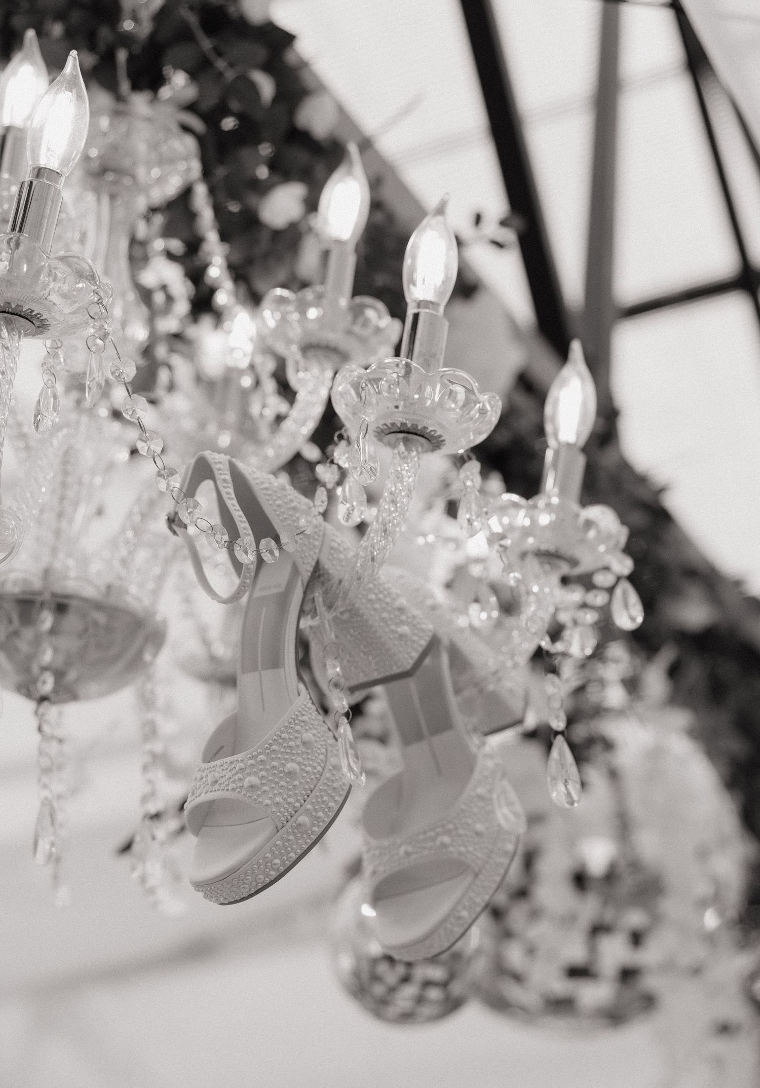 Elegant crystal chandelier with ornate details photographed in black and white with soft lighting.