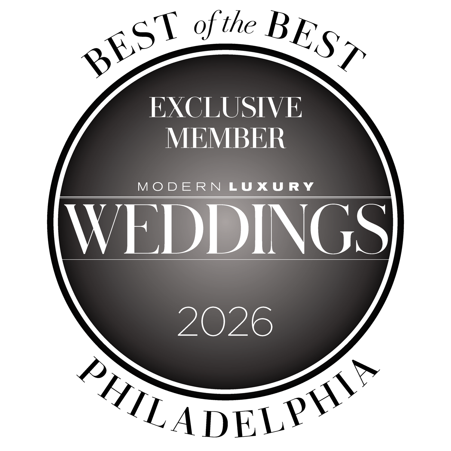 Modern Luxury Weddings Philadelphia 2026 Best of the Best Exclusive Member circular badge logo.