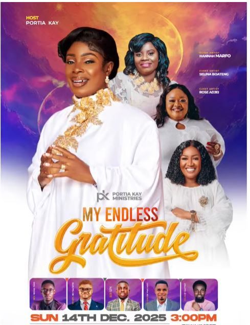 Portia Kay Ministries My Endless Gratitude gospel concert poster scheduled for December 14 2025.