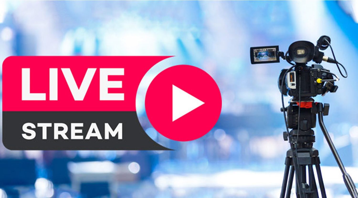 Professional live stream setup with a video camera on tripod and bold red Live Stream logo overlay.