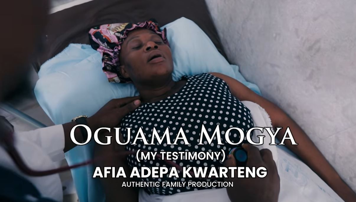 Title card for Oguama Mogya (My Testimony) by Afia Adepa Kwarteng, showing a woman lying in a hospital bed.