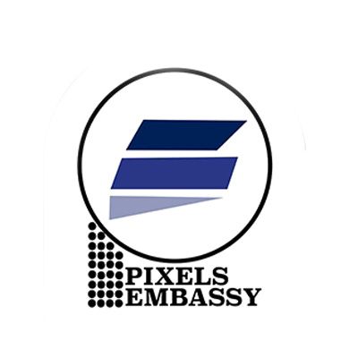 Pixels Embassy photography and videography company logo with blue geometric design in a circle.