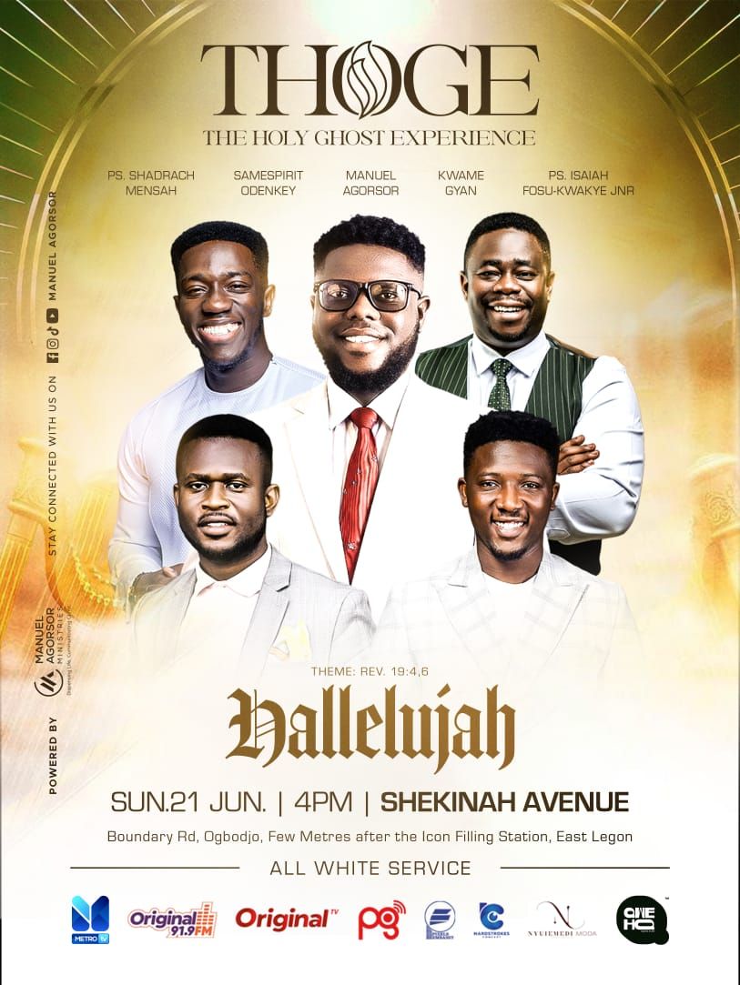 Promotional flyer for THOGE Holy Ghost Experience event on June 21 at Shekinah Avenue featuring five gospel ministers in white attire.