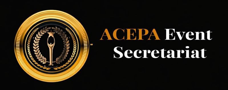 ACEPA Event Secretariat gold and black logo with laurel wreath emblem.