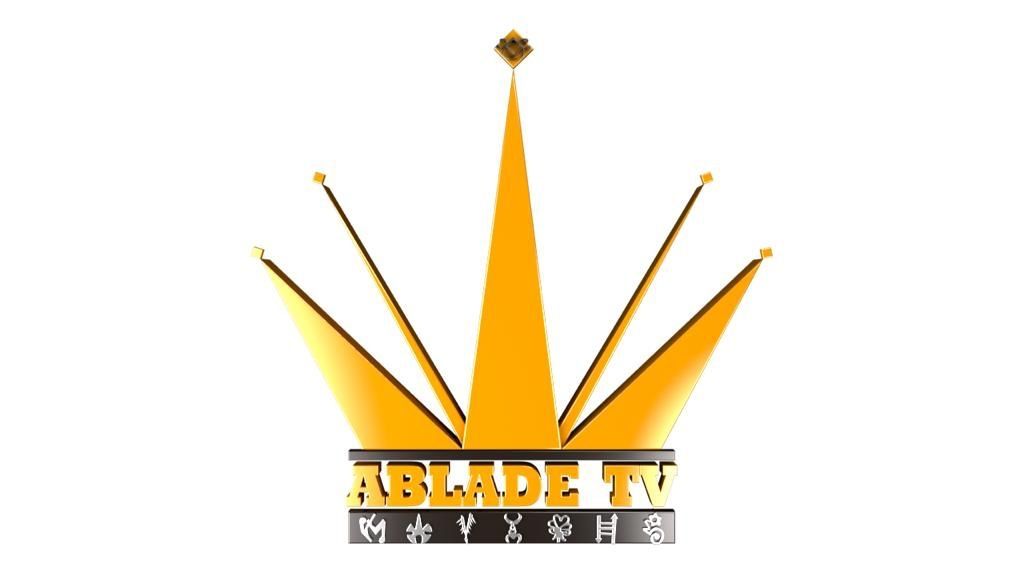Ablade TV golden crown logo with Akan script text on a white background.