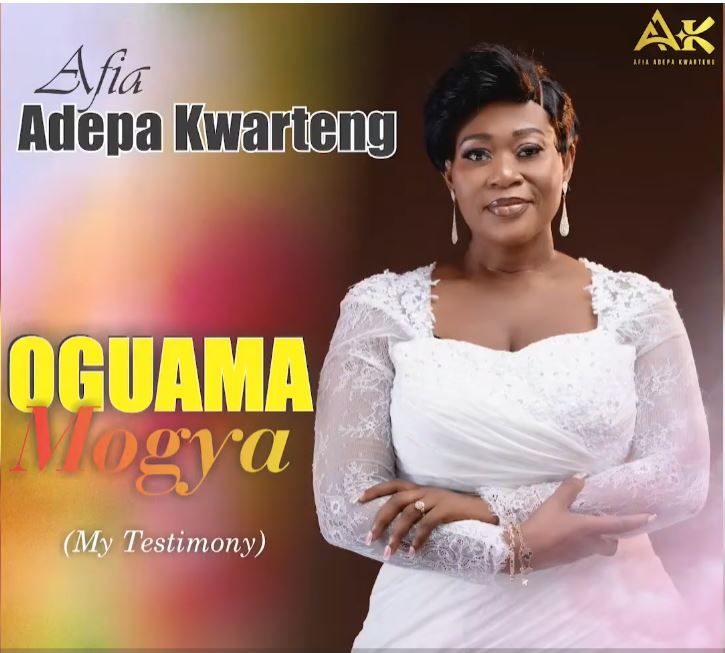 Afia Adepa Kwarteng gospel album cover for Oguama Mogya My Testimony featuring artist in white dress.