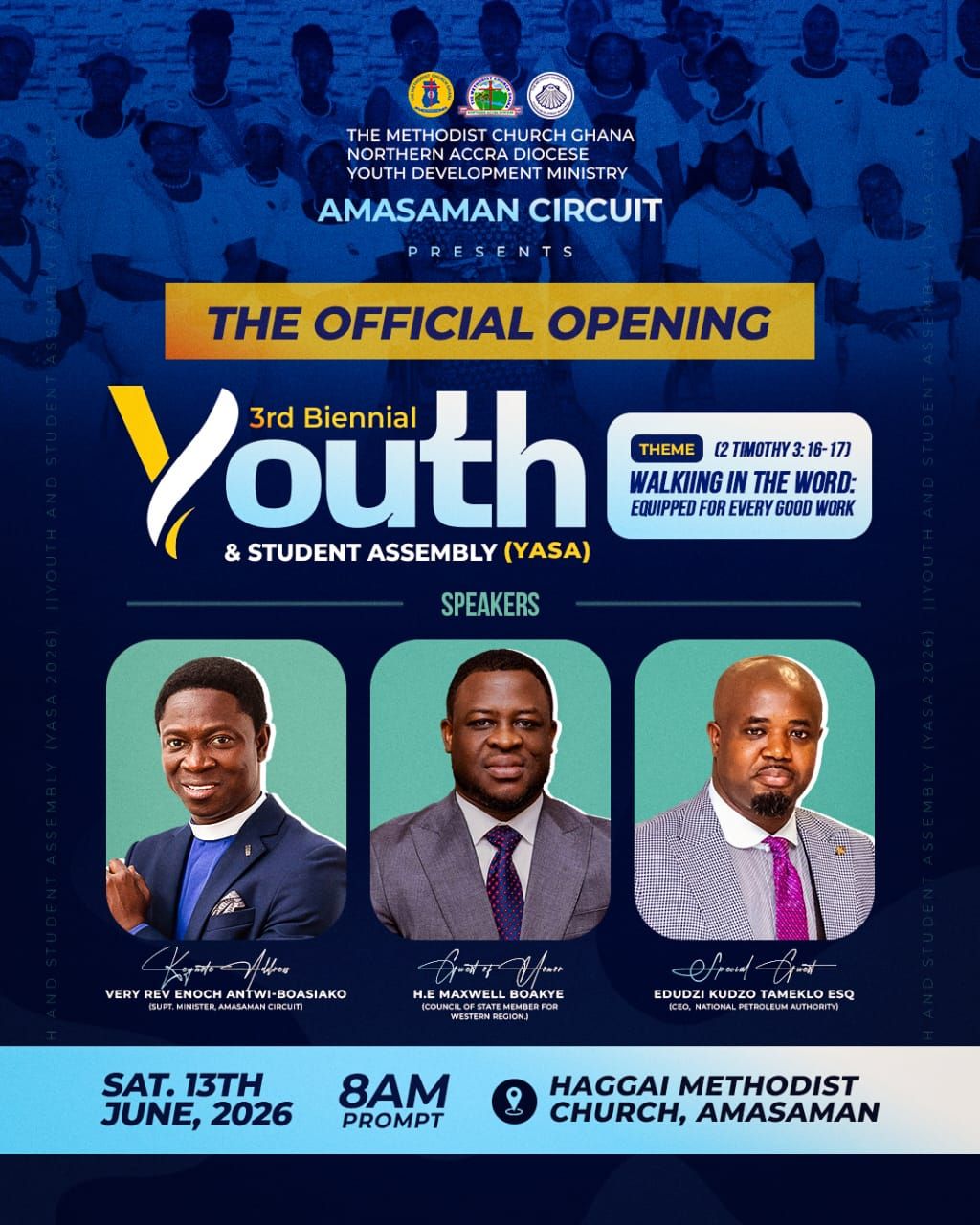 Official opening flyer for the 3rd Biennial Youth & Student Assembly at Haggai Methodist Church, Amasaman, June 13, 2026.