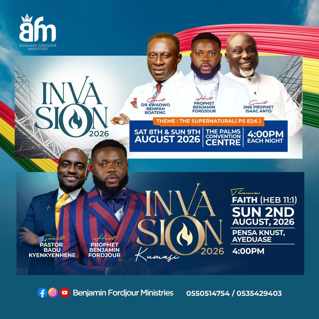 Invasion 2026 Christian conference flyer featuring Benjamin Fordjour Ministries events in Ghana with guest speakers and venue details.
