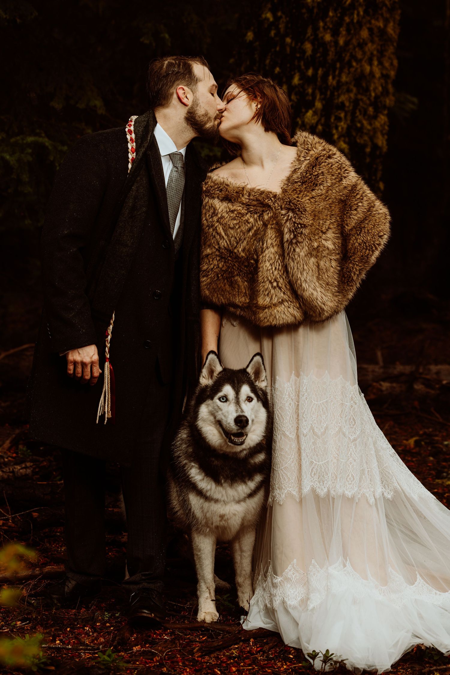 Bride and groom kissing in autumn forest with Husky dog, bride in lace gown and fur stole, groom in dark suit.
