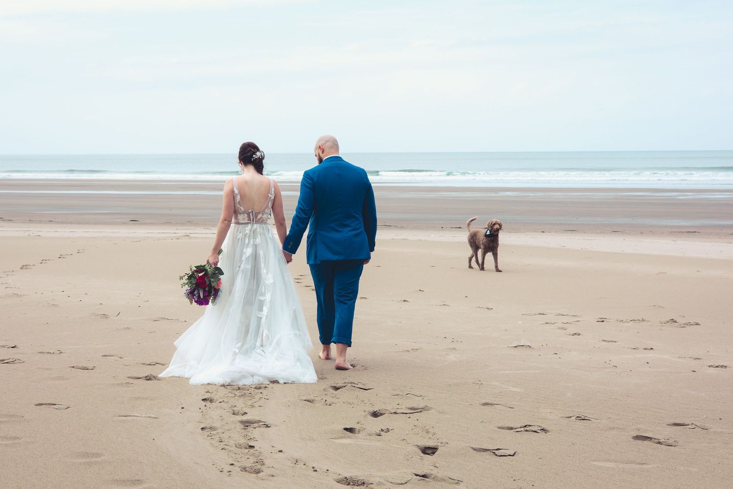 Bride and groom walk barefoot on sandy beach with their brown dog on wedding day.
