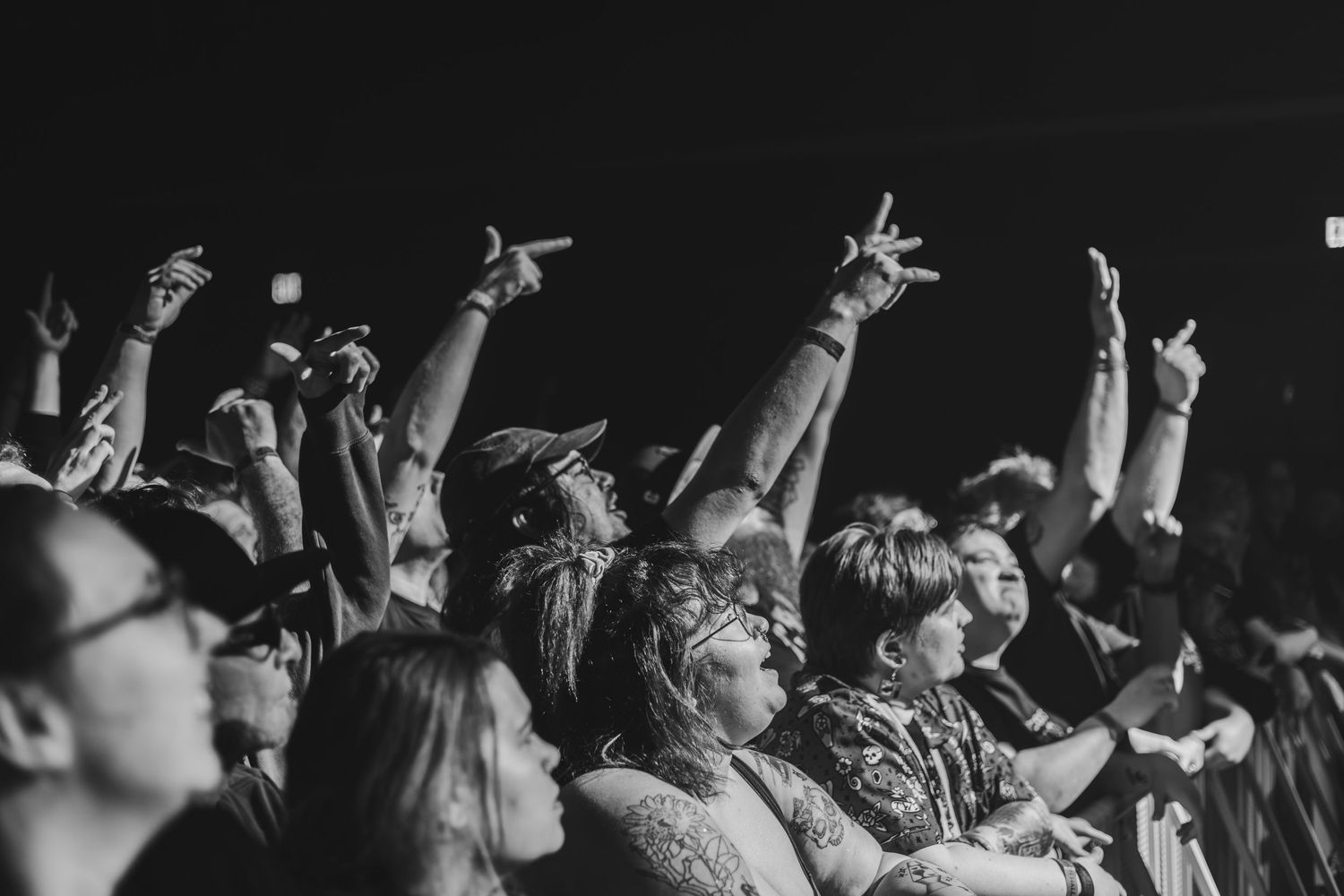 Black and white photo of concert crowd throwing up rock horns and hands at a live music event.