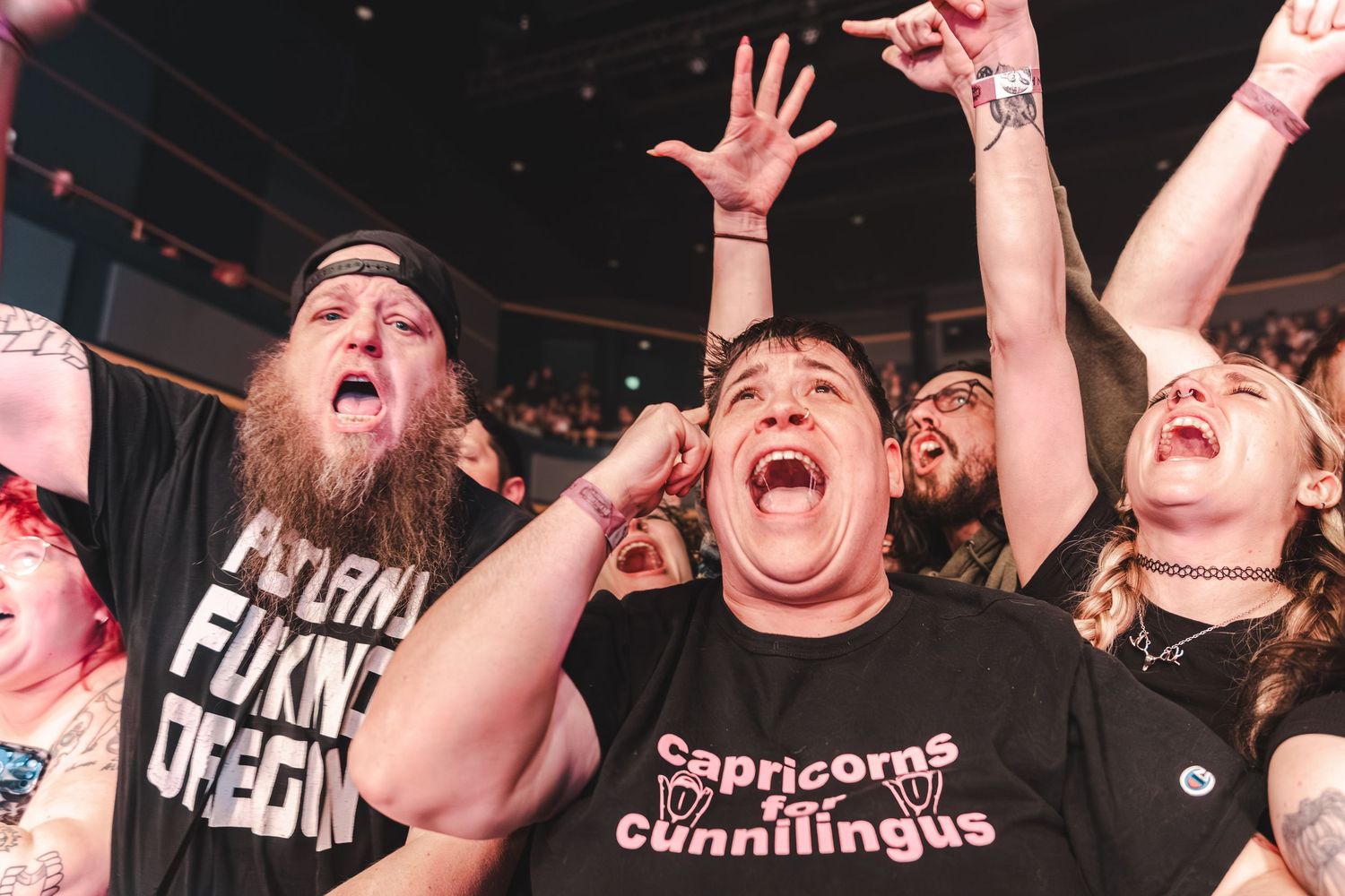 Excited concert fans cheering and screaming in a crowd at a live music event.