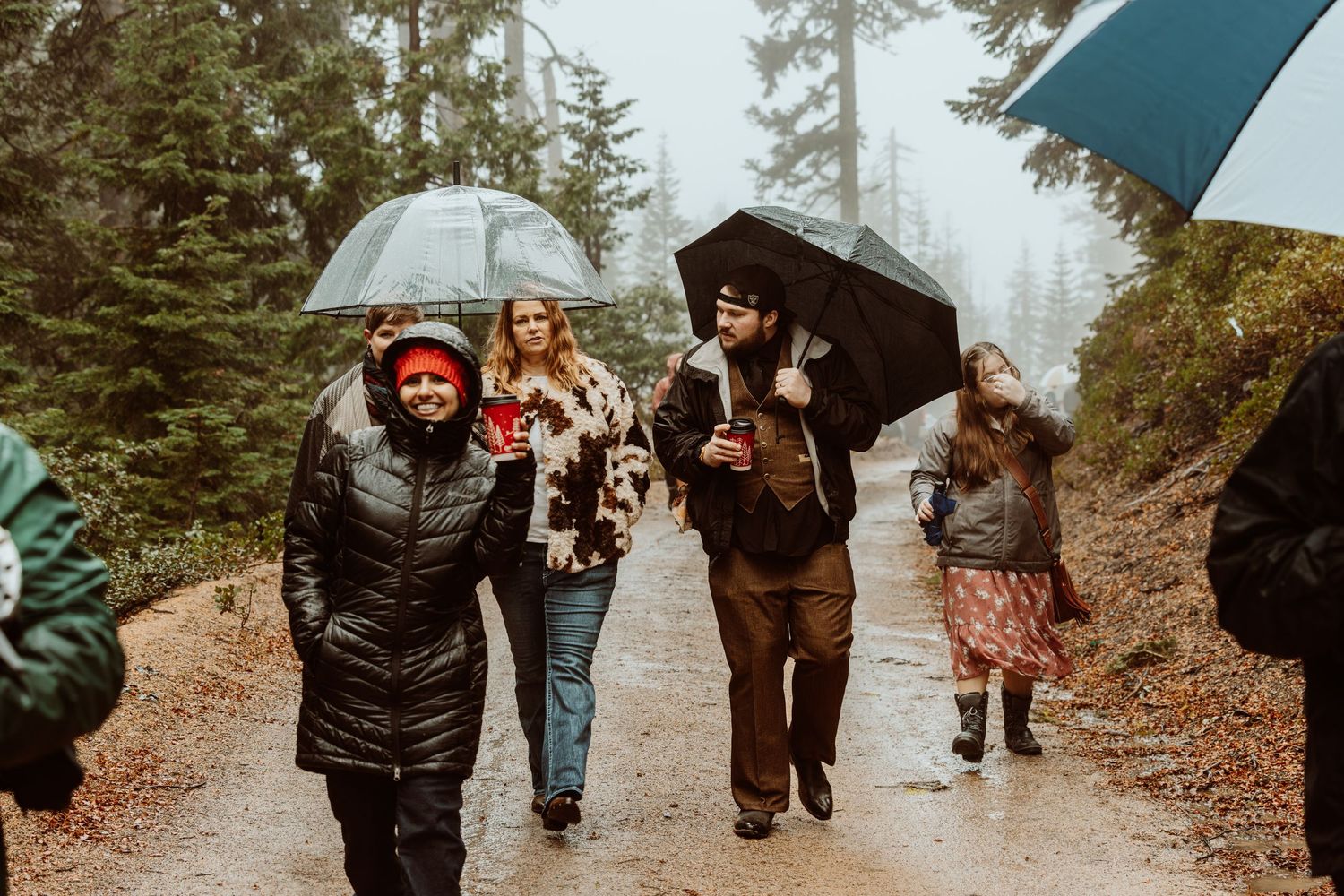 Group of smiling guests walking down rainy forest path with umbrellas at outdoor event.