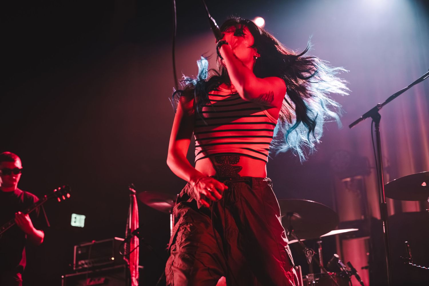 Female vocalist performing on stage under red lights, hair flowing as she sings into a microphone.