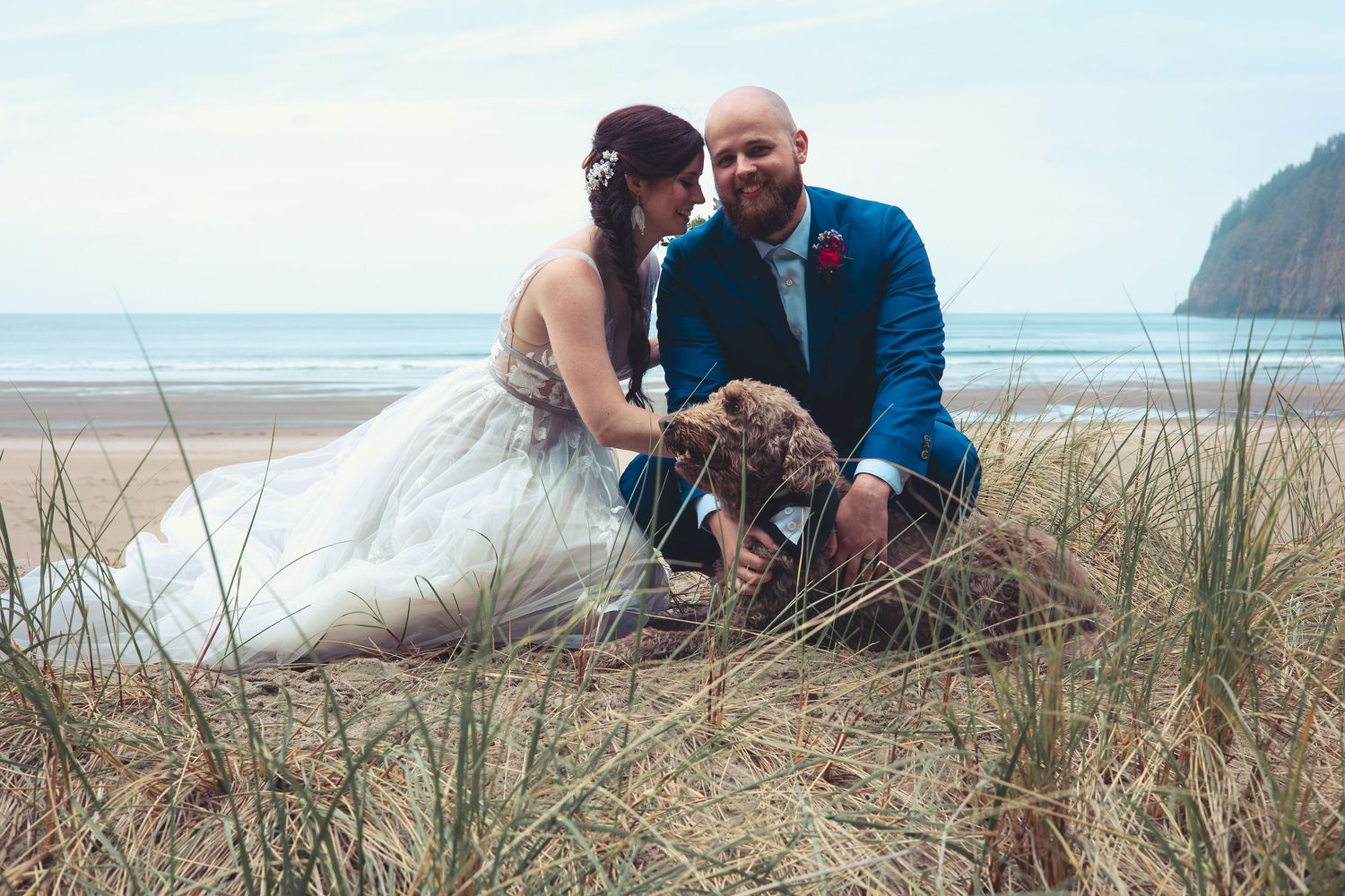 Bride and groom kneel in beach grass petting their brown dog on wedding day.