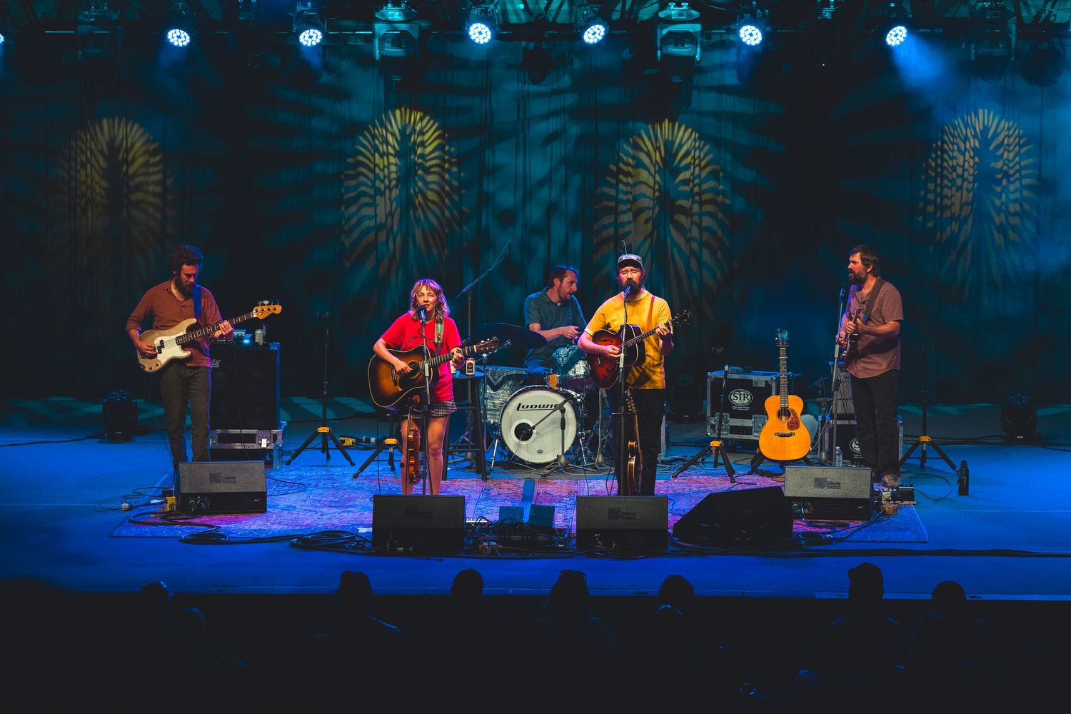 Five-piece band performing on a blue-lit stage with decorative backdrop before a seated concert audience.