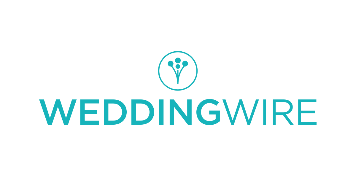 WeddingWire logo featuring teal text and a circular emblem with floral bouquet icon on white background.