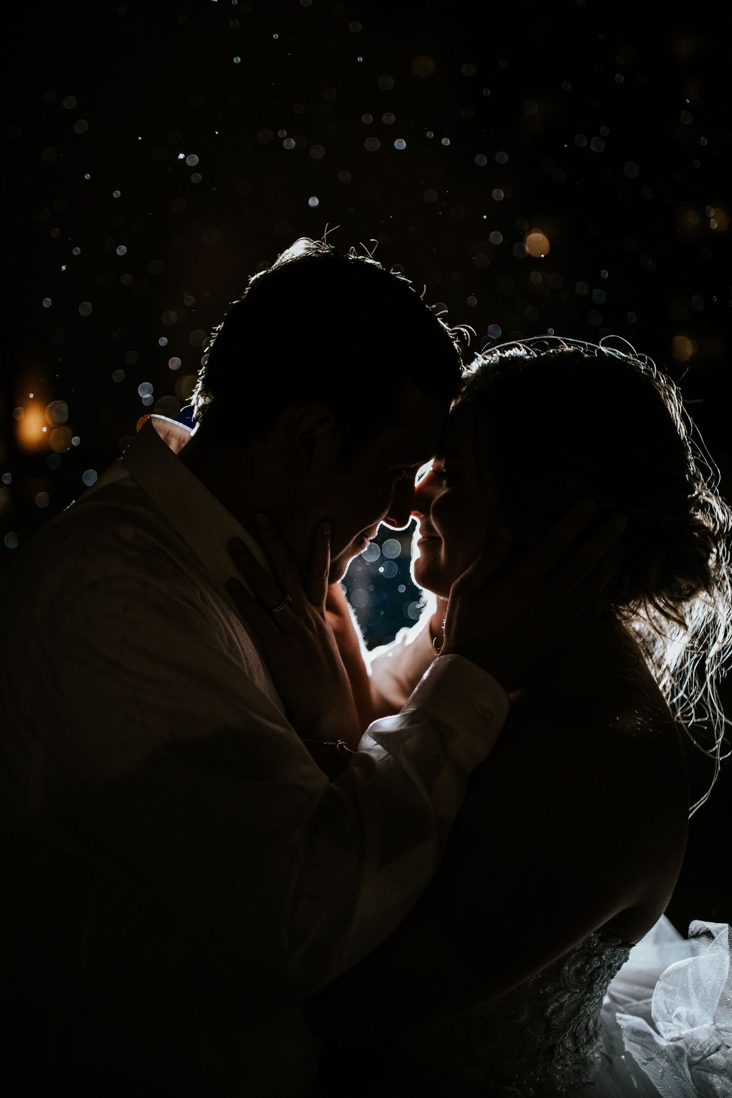 Silhouetted romantic moment captured against a starlit background.