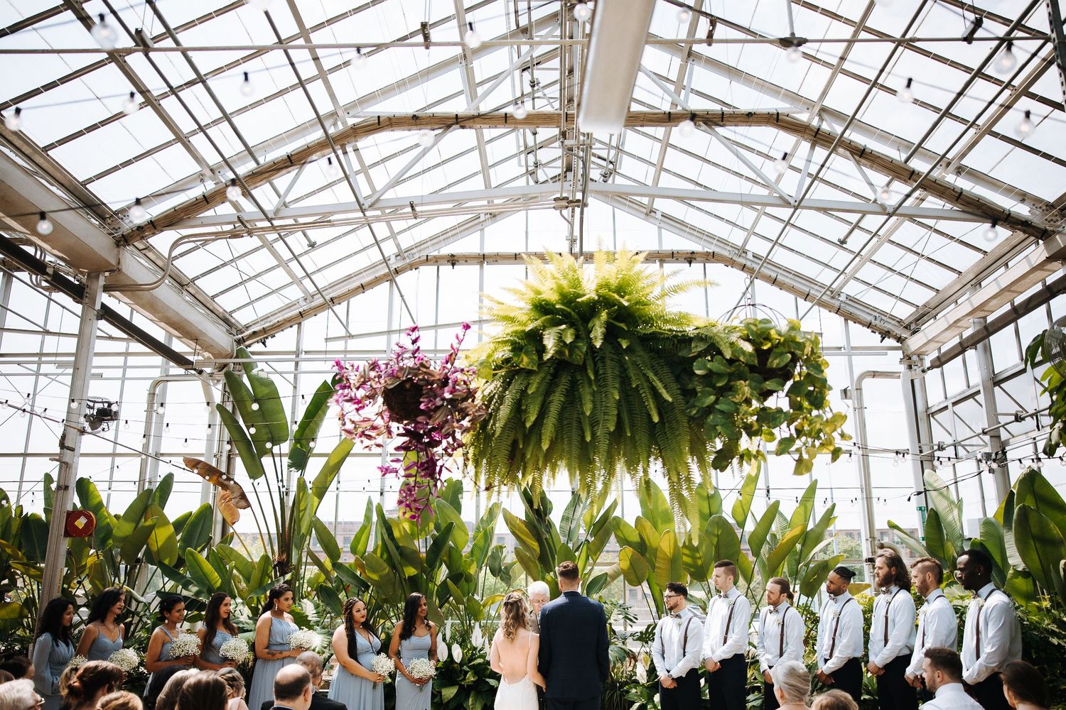 Interior view of a greenhouse wedding venue with hanging plants and glass ceiling architecture.