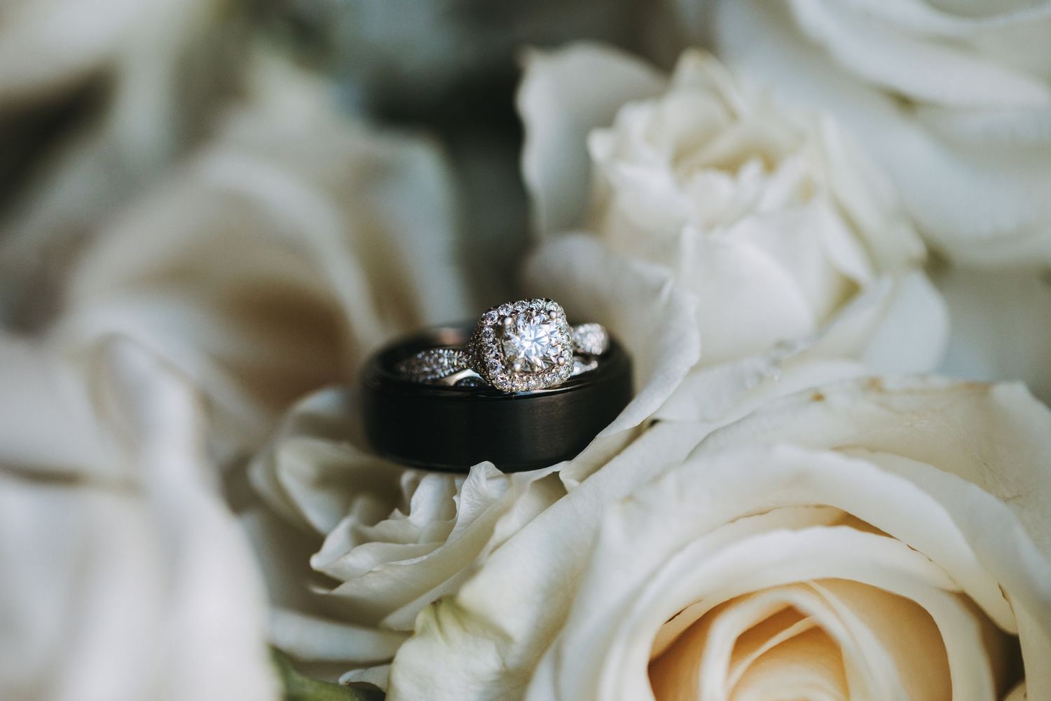A sparkling diamond engagement ring nestled among soft white and cream colored roses in a wedding setting.