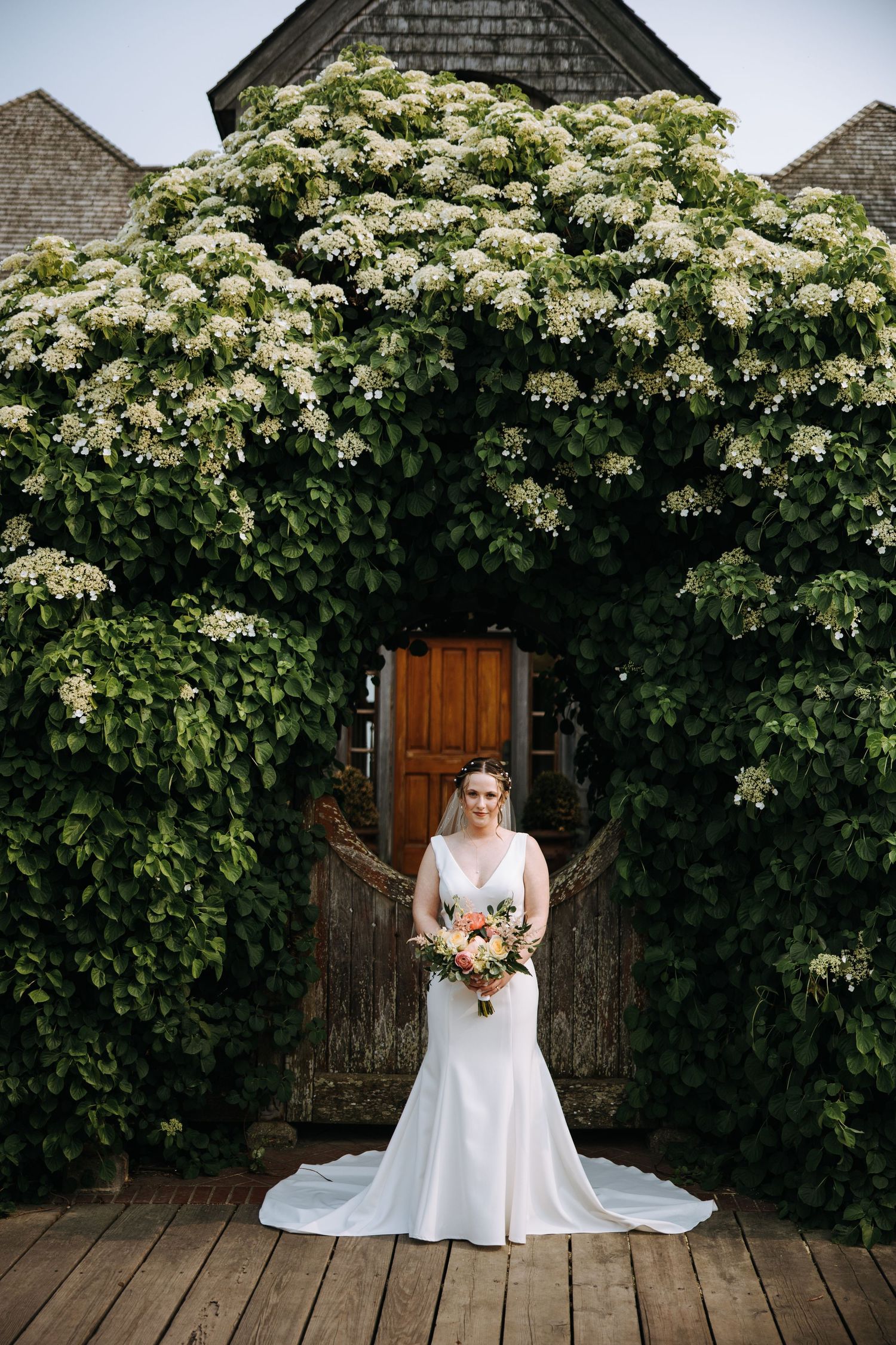 A wedding portrait in front of a rustic wooden door framed by blooming white climbing flowers and greenery.