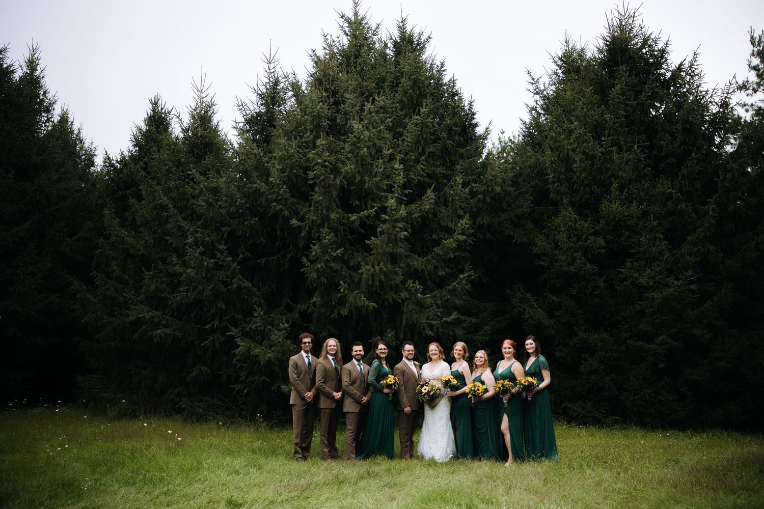 Wedding party poses in front of evergreen trees on a grassy lawn for formal group photo.