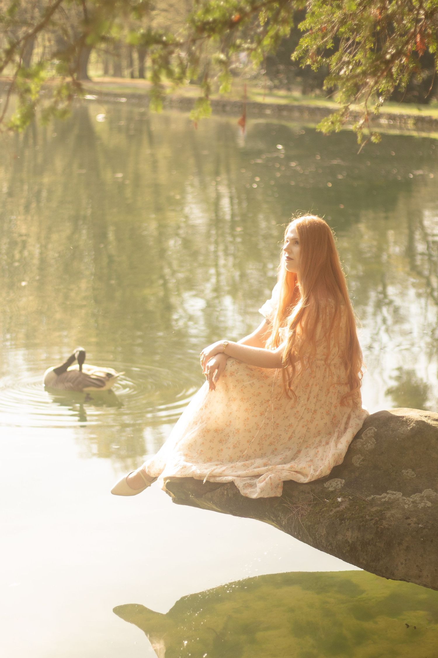 A woman with long red hair is sitting in a rock by a calm body of water, wearing a floral dress. There is a goose in the background.