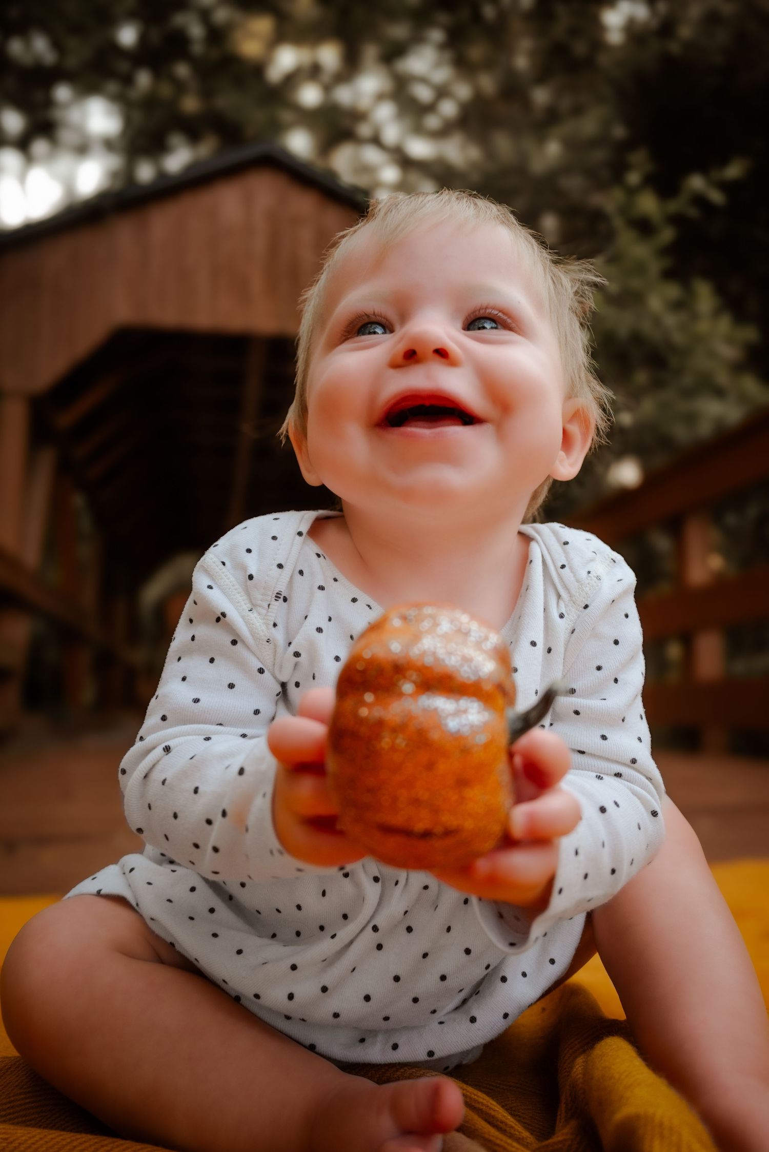 A joyful toddler in a polka dot outfit holds a small pumpkin near a covered bridge.