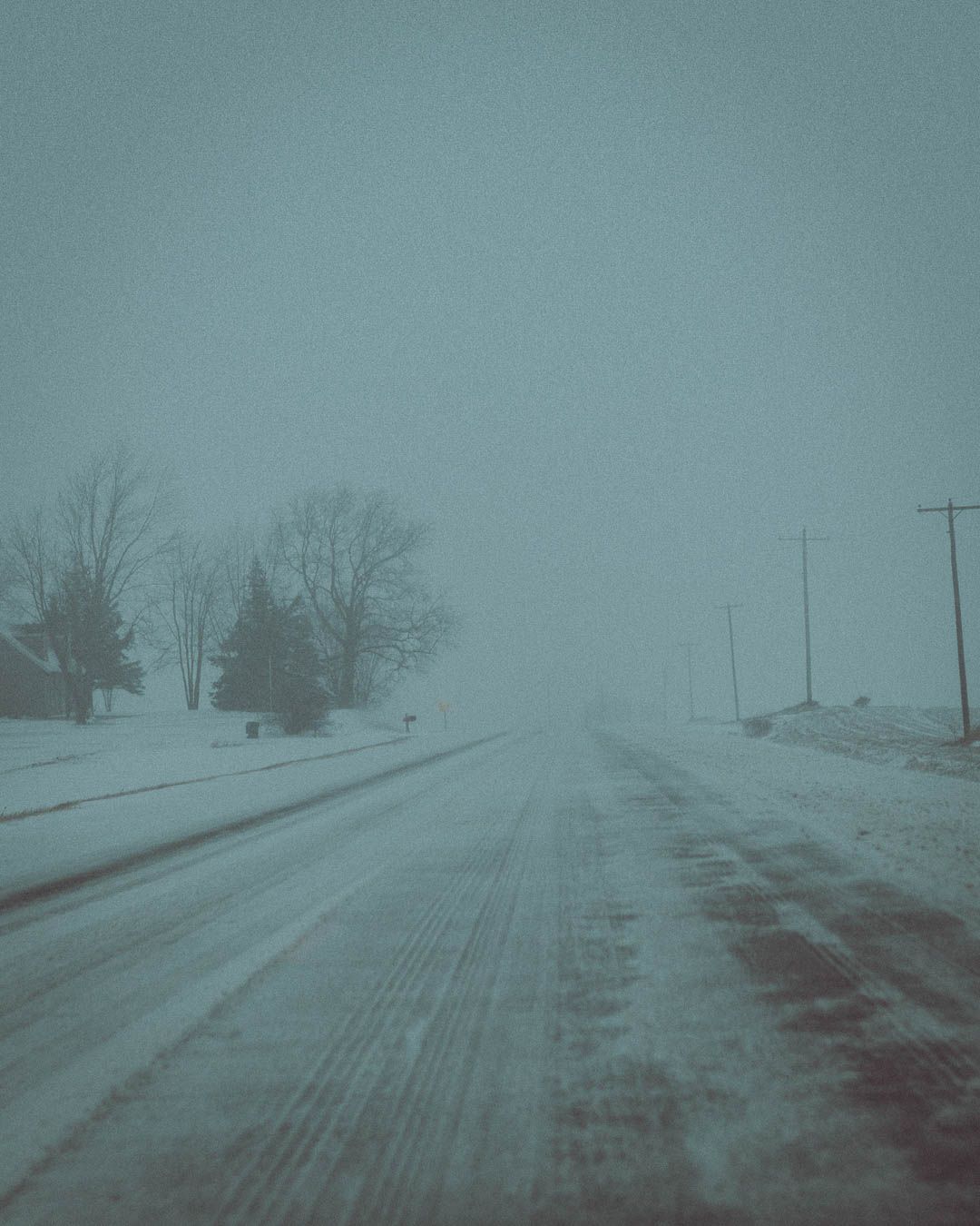 A snowy rural road disappears into foggy winter conditions with bare trees visible along the roadside.