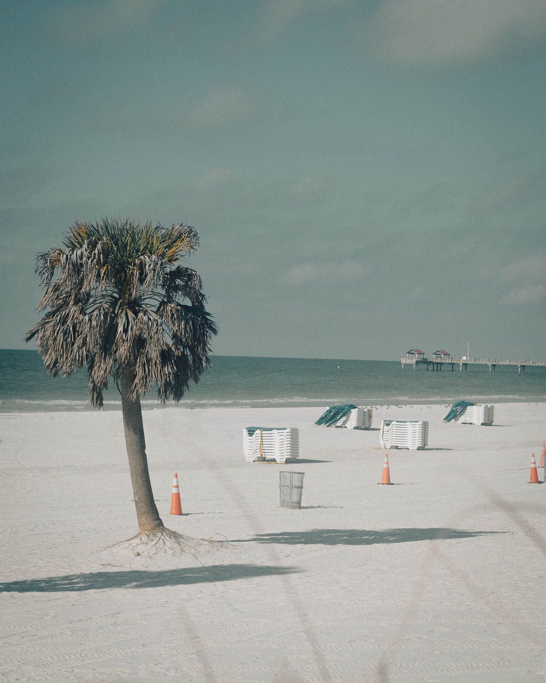 A row of palm trees stands along a white sandy beach with orange traffic cones under a cloudy turquoise sky.