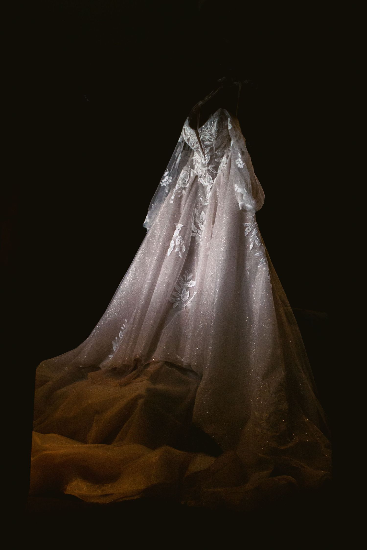 A white wedding dress with delicate lace details and a flowing train captured in dramatic low-key lighting against a dark background.