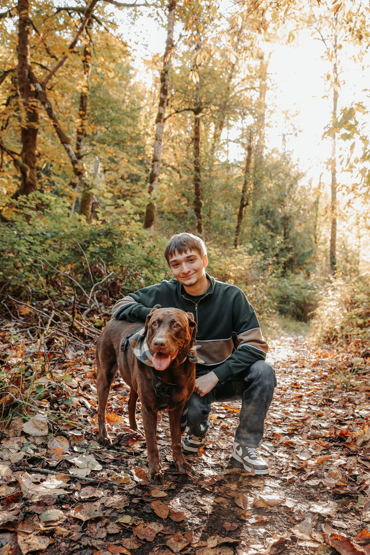 A chocolate brown dog and companion pose on a leaf-covered forest trail during golden hour in autumn.