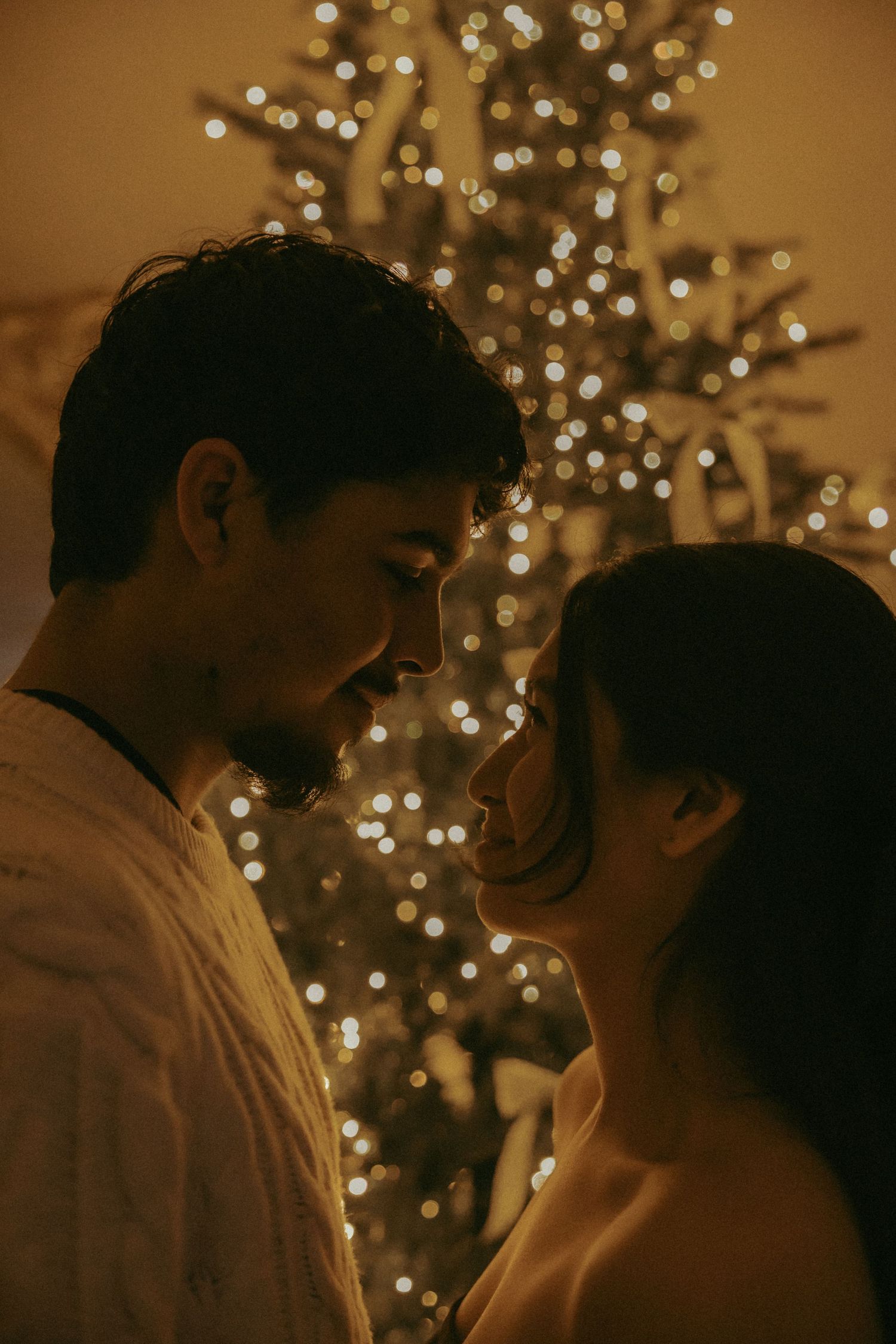 A romantic silhouette of a couple sharing an intimate moment in front of a Christmas tree with twinkling lights.