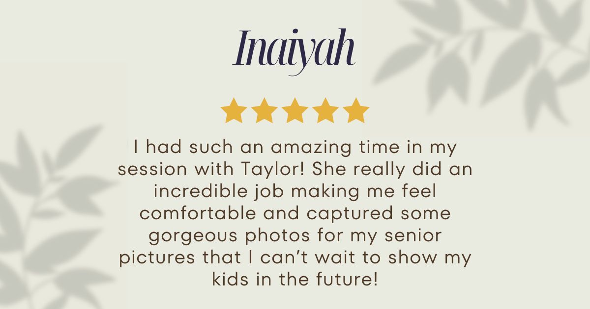 A testimonial with five stars praising the quality of senior portrait photography services.