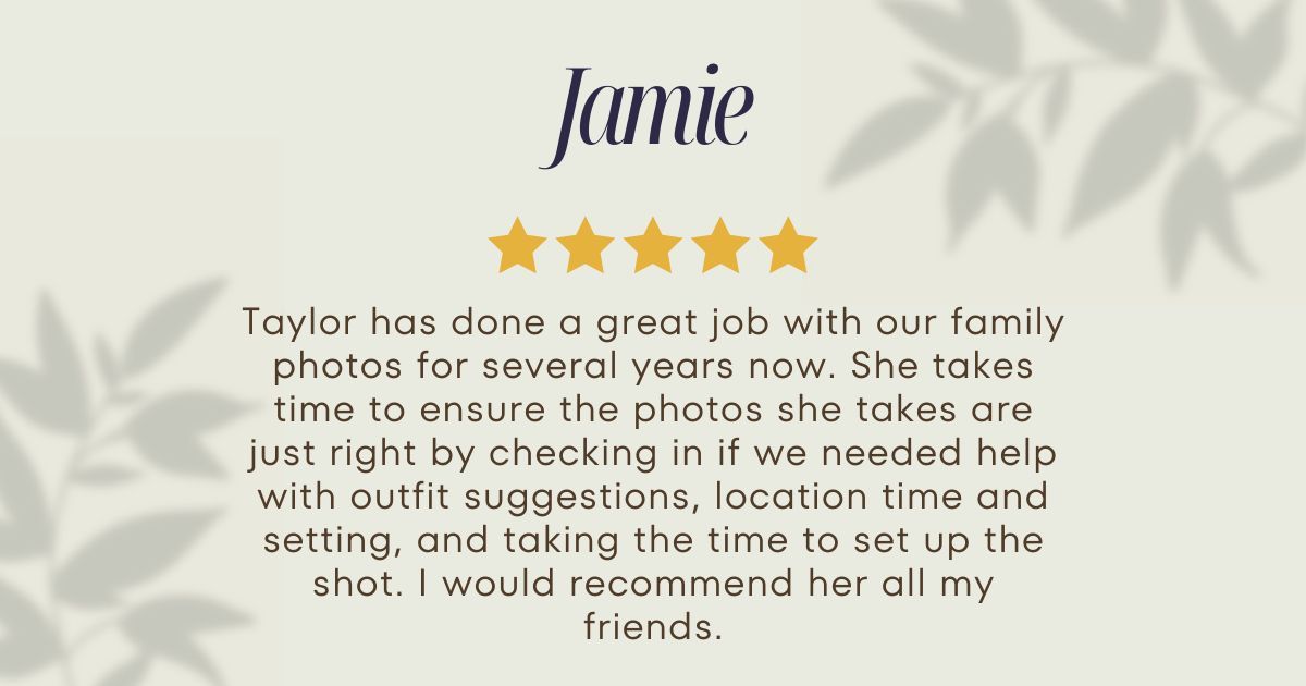 Customer review testimonial on a light gray background with heart pattern overlay.
