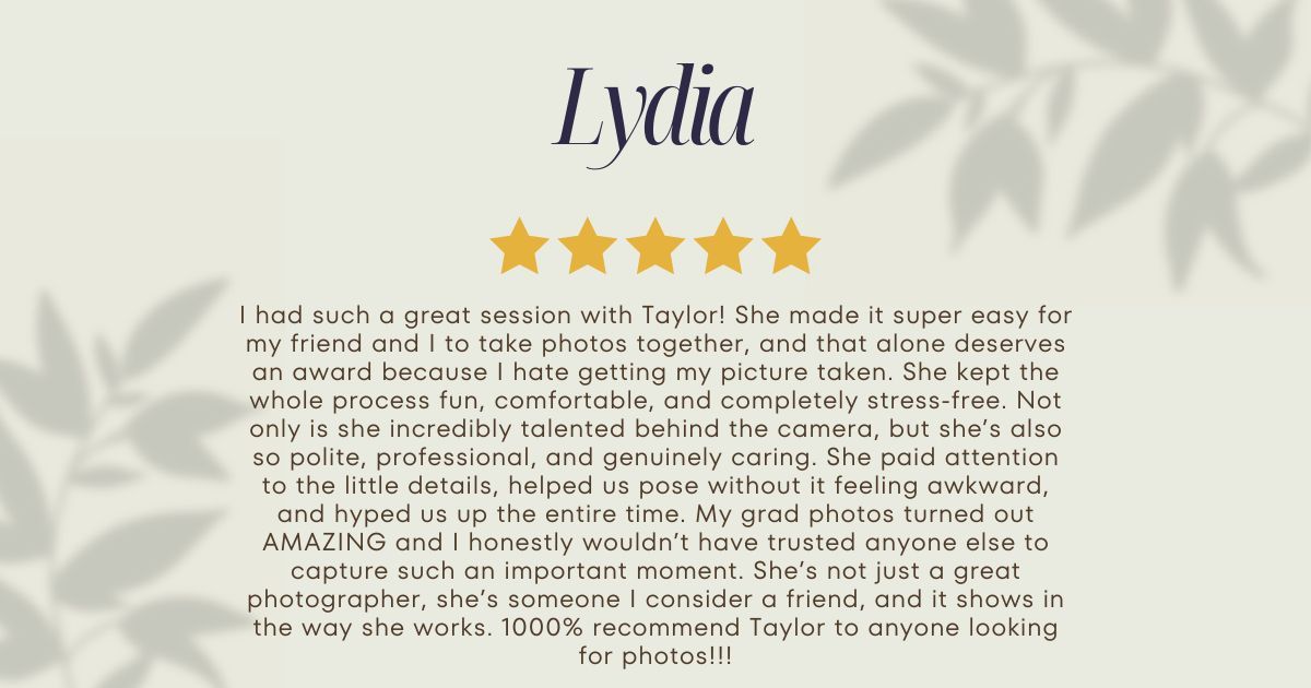A testimonial review text on a white background with hearts and decorative patterns.