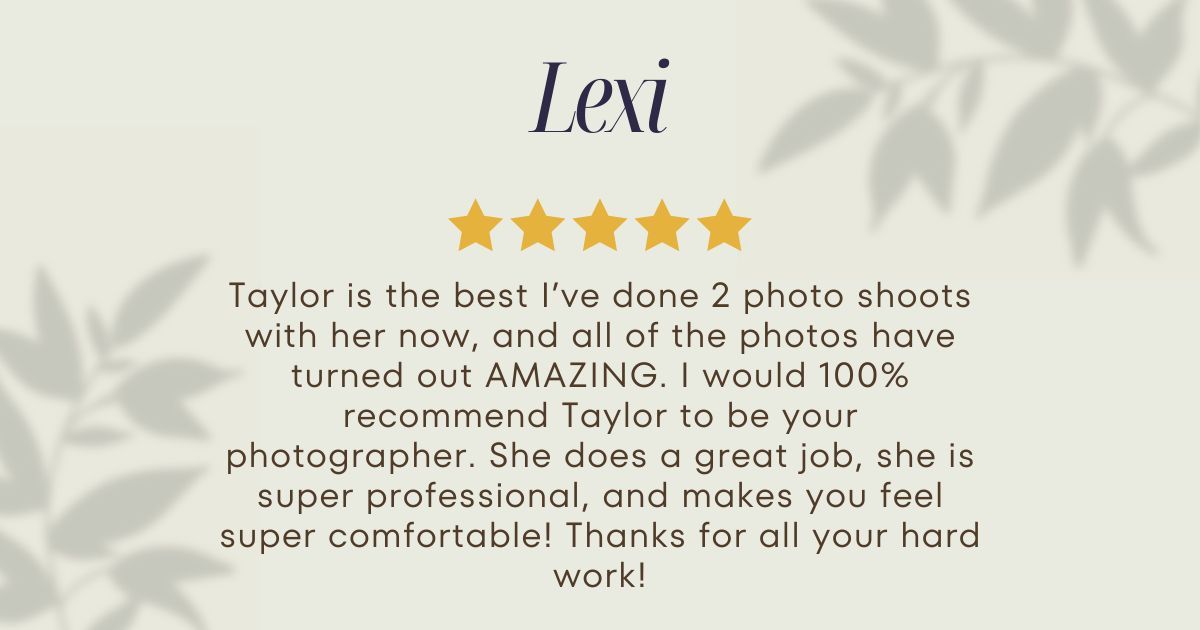 Client testimonial feedback text with decorative heart pattern background.