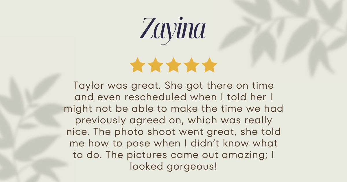 A customer review showing a five star rating and positive feedback about photography services.