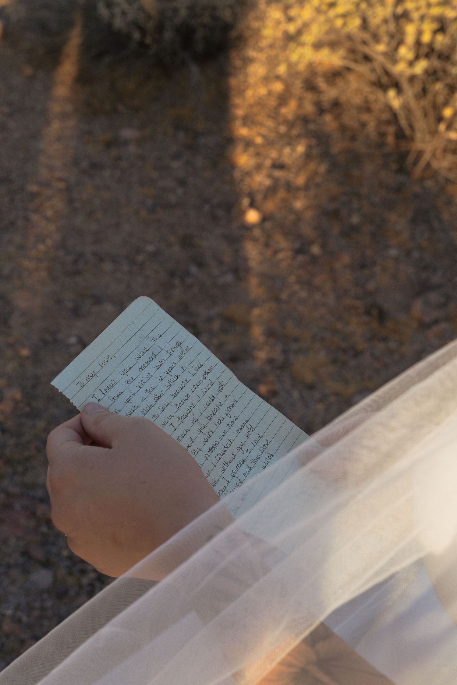 Bride in white gown holds handwritten wedding vows letter outdoors in golden sunlight.