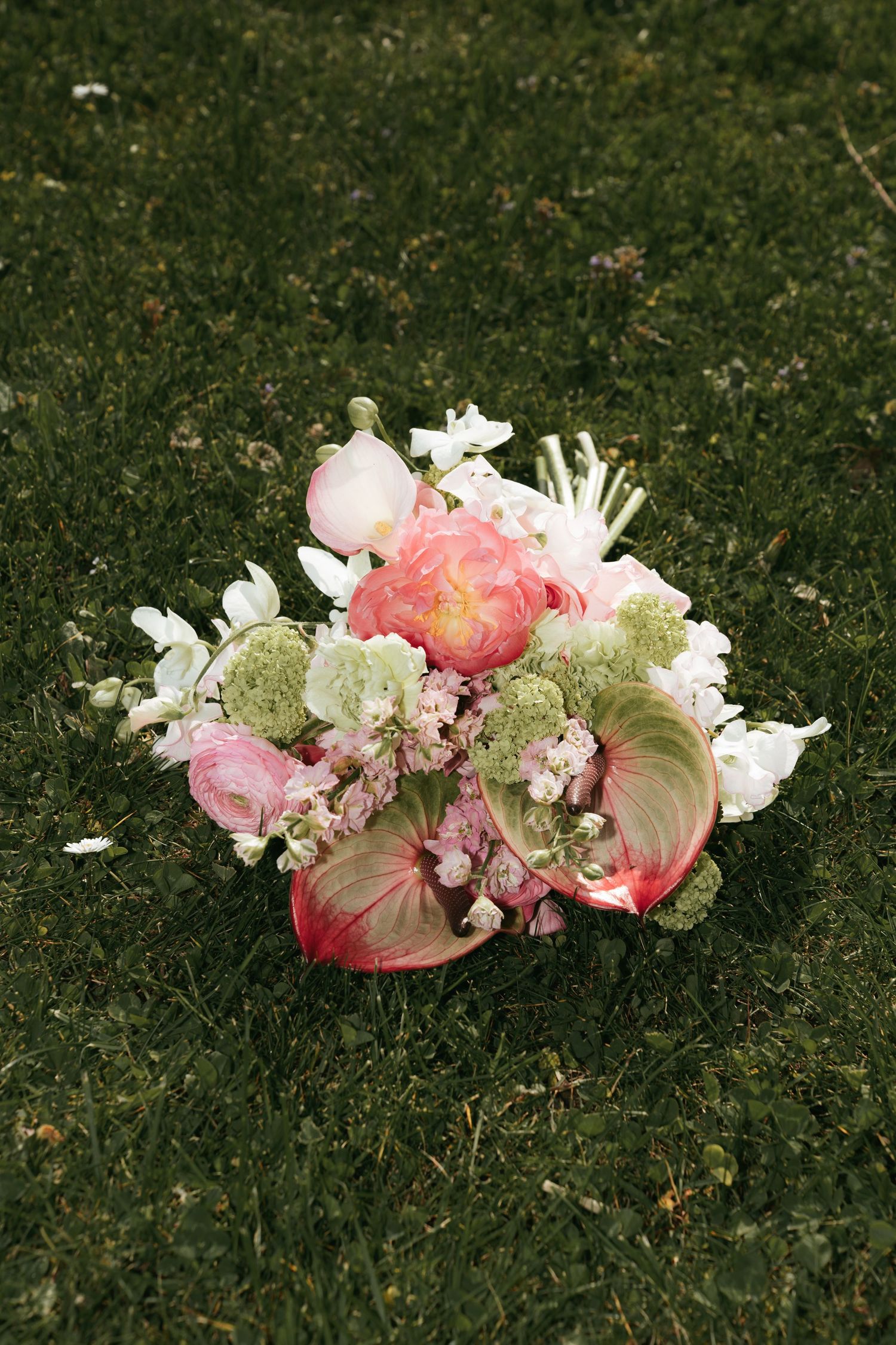 Pink and white floral bouquet with ranunculus and anthurium resting on green grass.