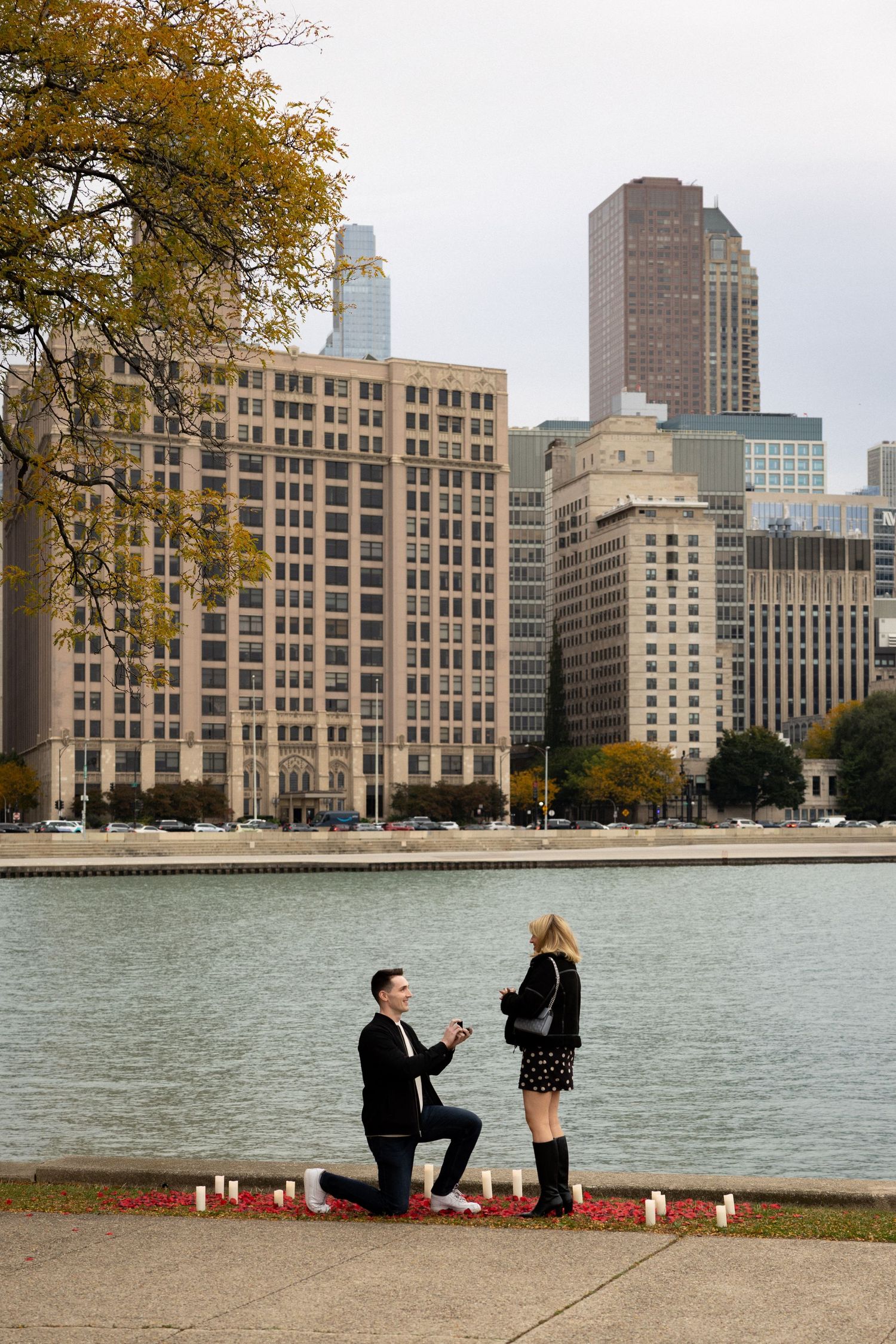 After Sean proposed to Sydney at Milton Lee Olive Park near Navy Pier in Chicago!