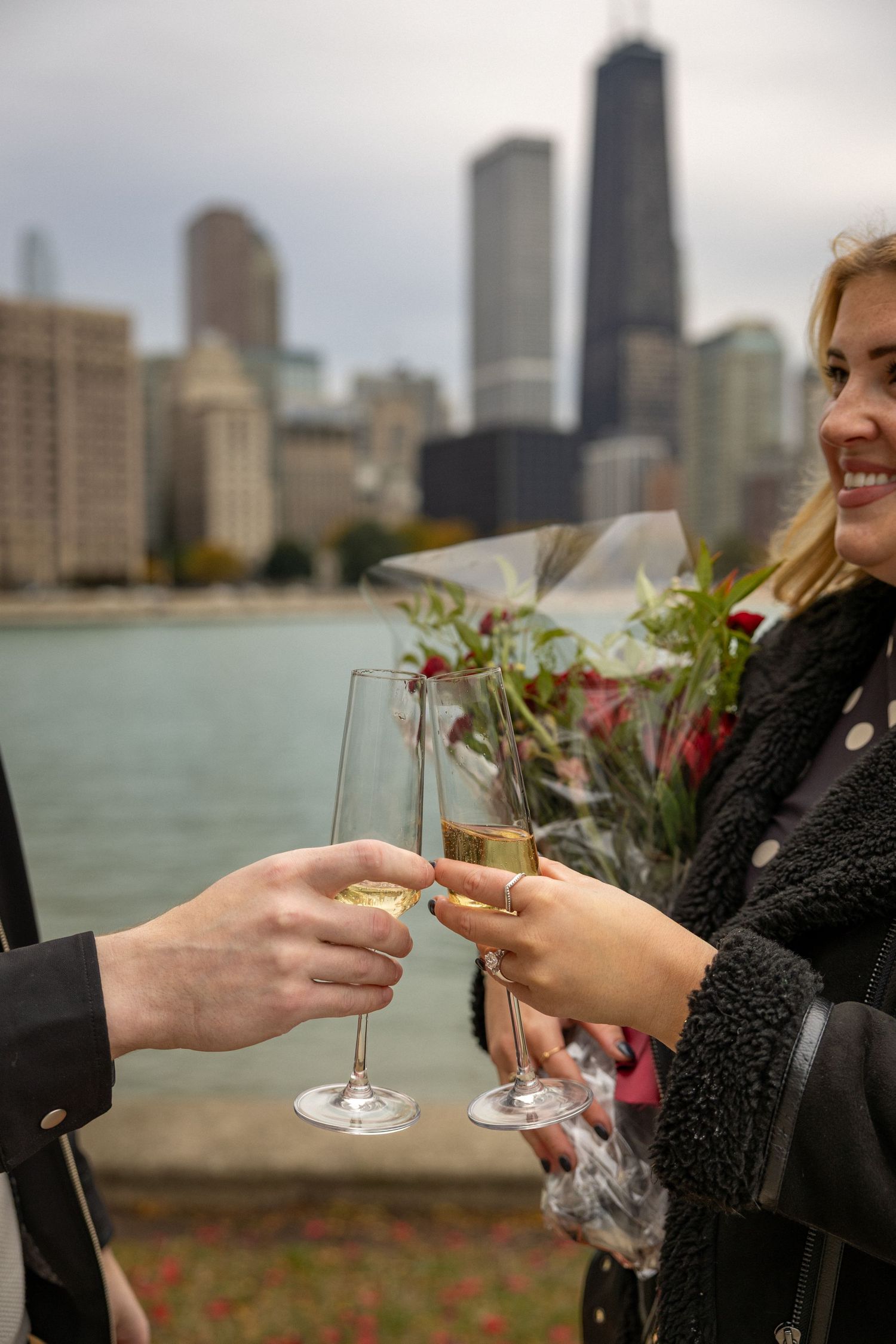 After Sean proposed to Sydney at Milton Lee Olive Park near Navy Pier in Chicago!