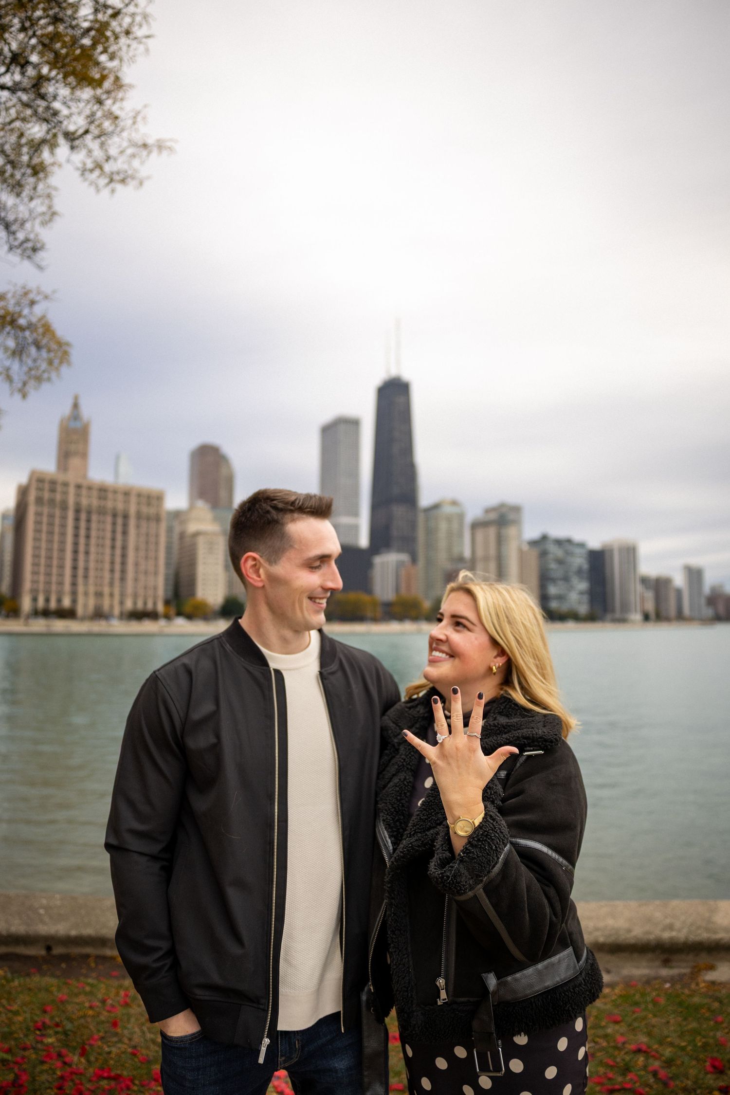 After Sean proposed to Sydney at Milton Lee Olive Park near Navy Pier in Chicago!
