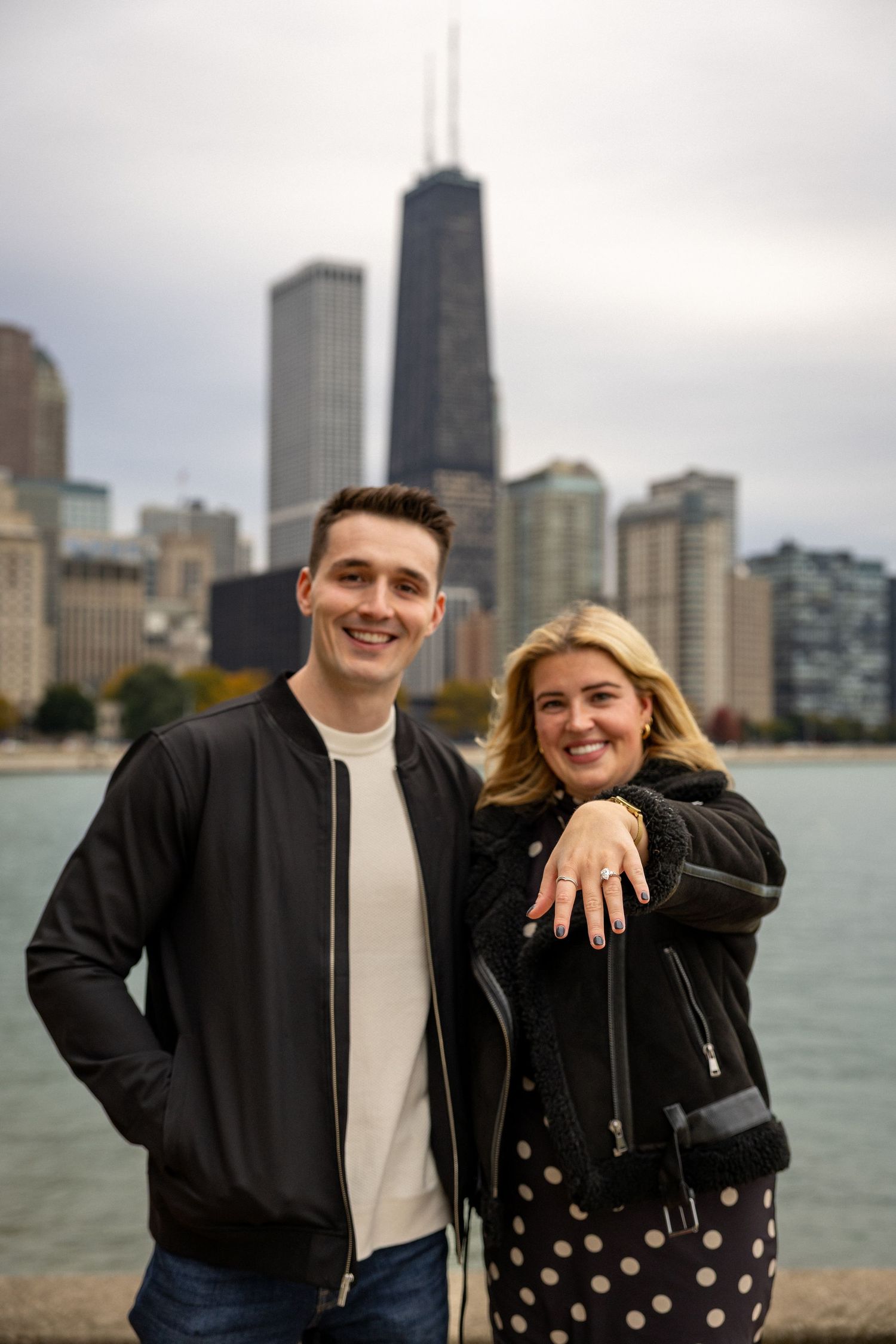 After Sean proposed to Sydney at Milton Lee Olive Park near Navy Pier in Chicago!