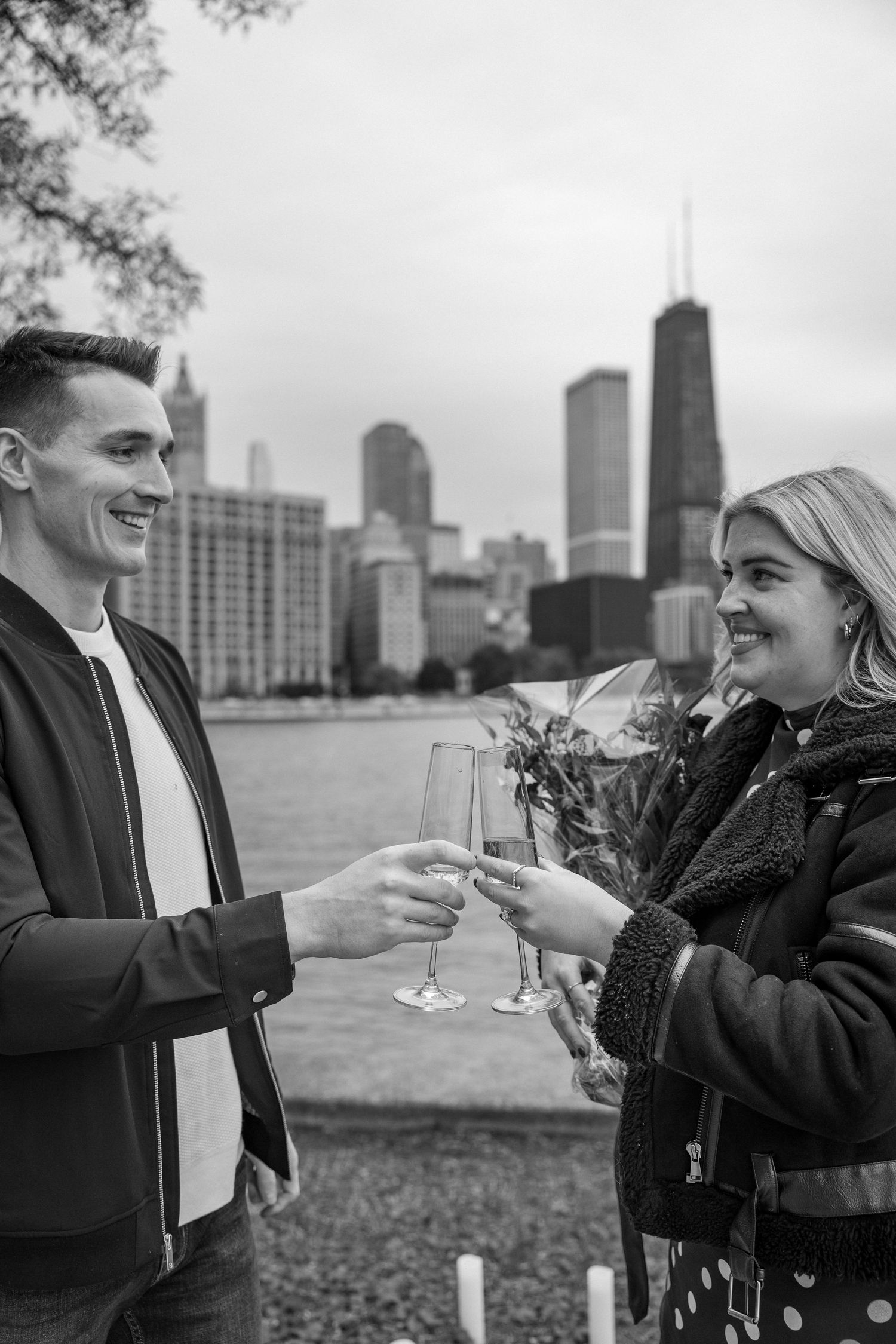 After Sean proposed to Sydney at Milton Lee Olive Park near Navy Pier in Chicago!
