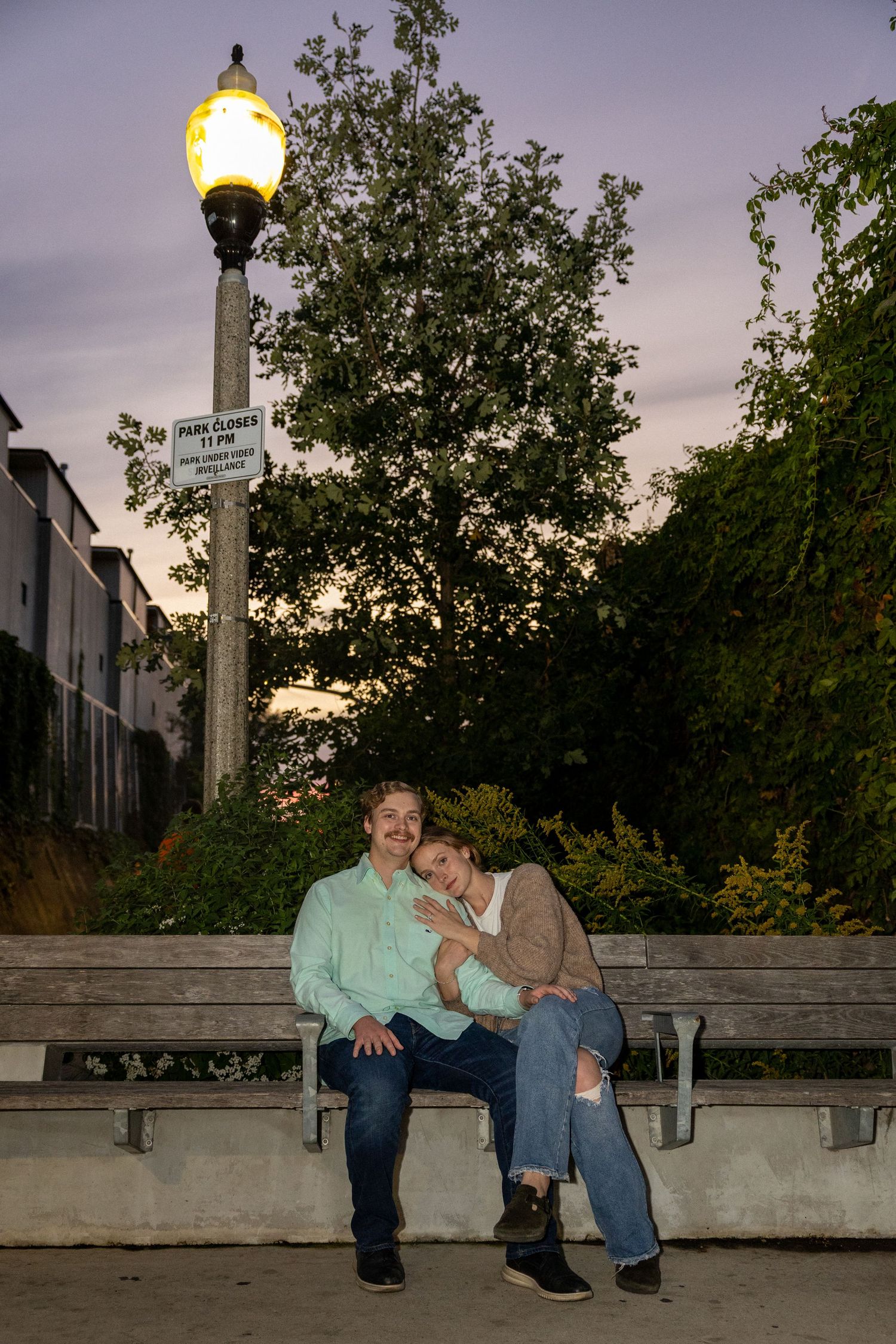 A sunset engagement session at the 606 walking trail