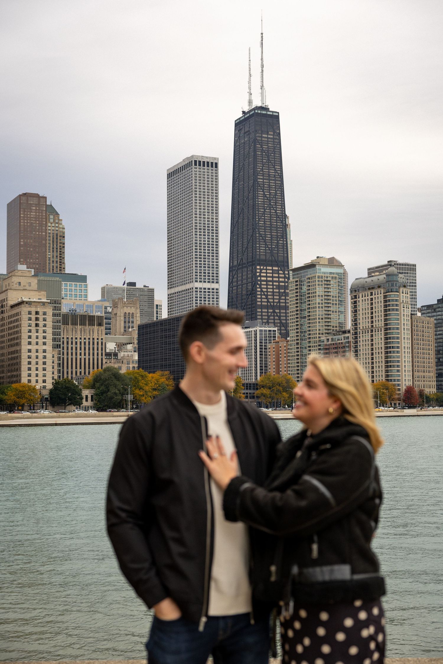 After Sean proposed to Sydney at Milton Lee Olive Park near Navy Pier in Chicago!