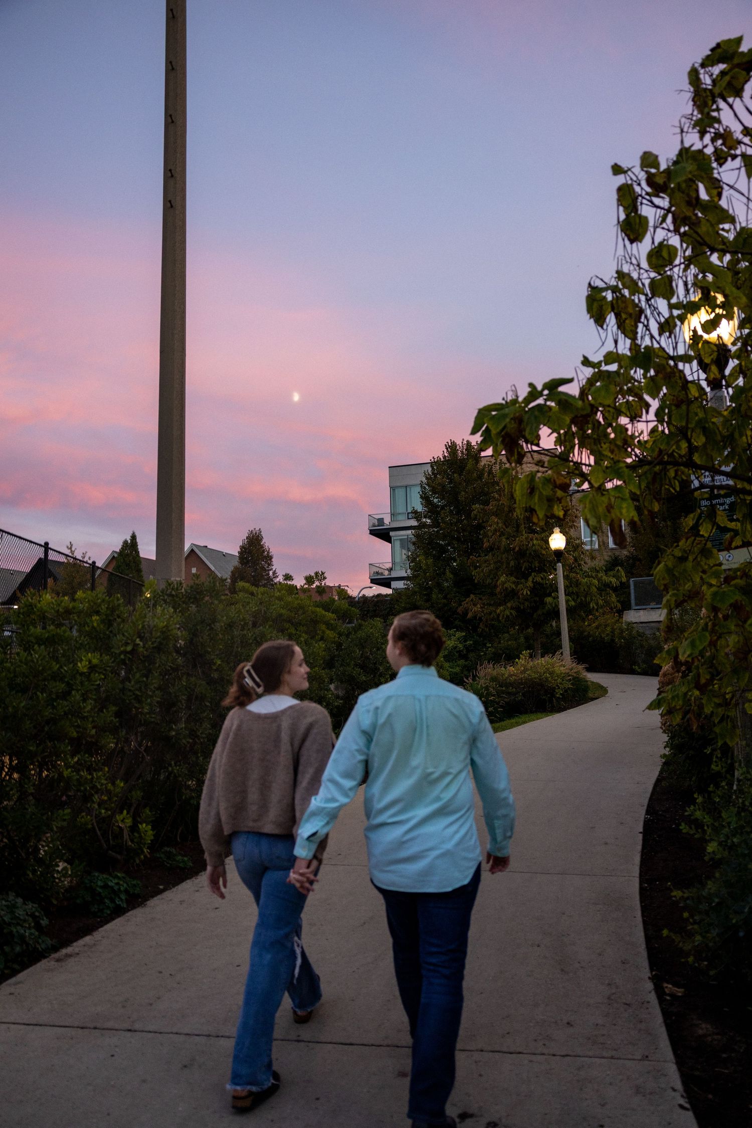 A sunset engagement session at the 606 walking trail